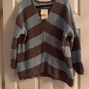 Striped V-Neck Sweater - Blue and Grey